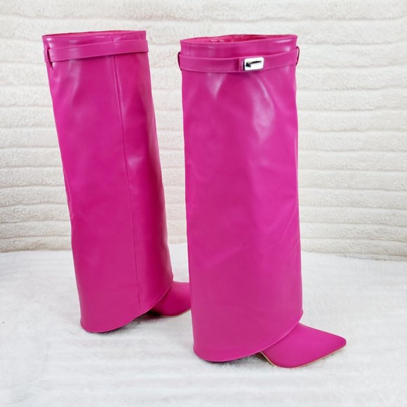 Paris Fuchsia Pink Skirted Fold Over 3.5" Block Heel Knee High Boots - Picture 1 of 9